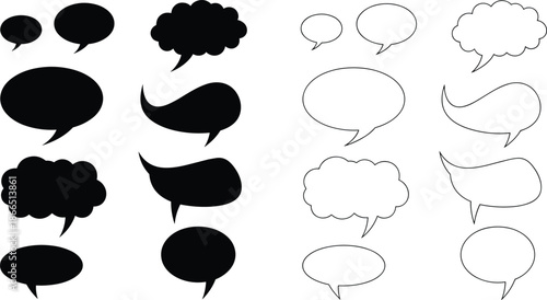 Speech bubble silhouettes collection featuring comic dialogue shapes for communication, conversation, messaging, and creative design in black and white vector illustration