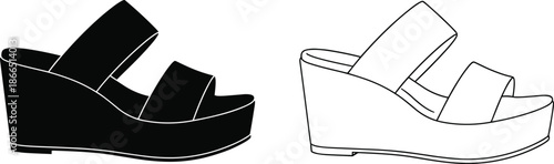 Women wedge sandal silhouettes showing modern summer footwear design for fashion, casual wear, and minimalist black and white vector illustration
