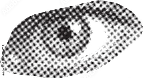 Detailed halftone illustration of a human eye showcasing vision and observation
