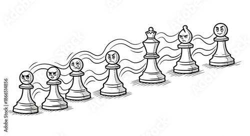 Chess Pieces with Smiley Faces in Line.