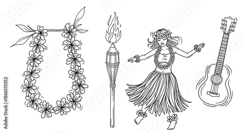 Hula Dancer Lei Torch Guitar Hawaiian.