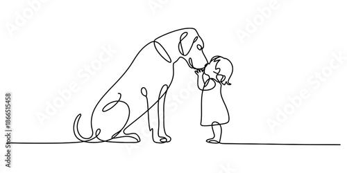 A continuous line drawing illustrating the loving friendship between a small child and a large dog Vector, illustration