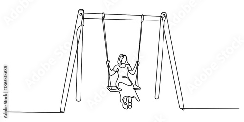 Continuous line art drawing of a young woman enjoying a swing at the playground Vector, illustration