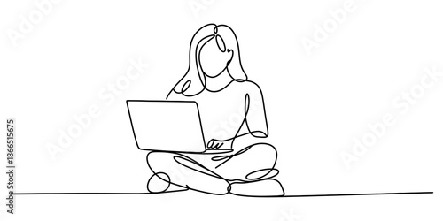 Minimalist single line drawing of a woman sitting cross-legged and using a laptop computer Vector, illustration