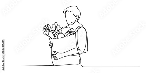 Continuous line drawing of a person carrying a grocery bag full of fresh produce Vector, illustration