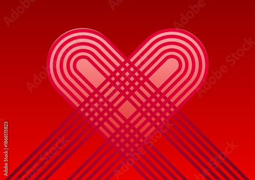 Abstract geometric heart shape made of lines on red background. Vector illustration