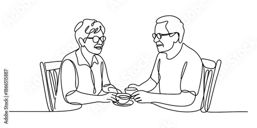 Continuous line drawing of an elderly couple enjoying a pleasant conversation over a drink Vector, illustration