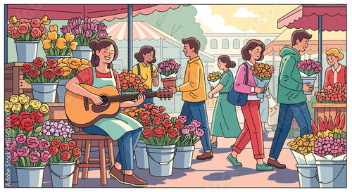 Vibrant Flower Market Scene with Musician and Shoppers.