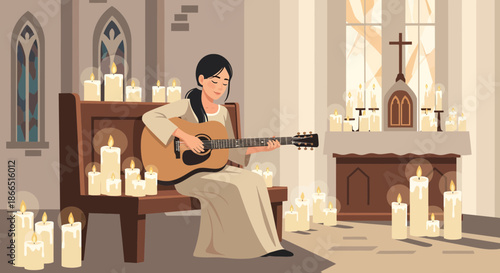 Woman playing guitar in a church surrounded by candles.