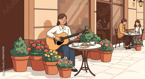 Woman playing guitar at outdoor cafe with potted flowers.