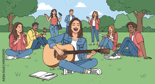 Young woman playing guitar for friends in a park setting.