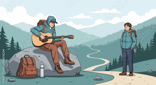 Hikers enjoying music in the mountains.