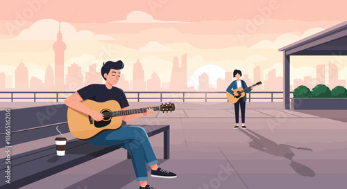 Guitarists performing outdoors with city skyline backdrop.