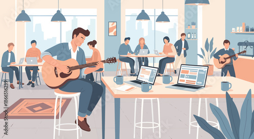 Man playing guitar in a busy cafe setting.