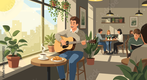 Man playing guitar in a cozy cafe setting.