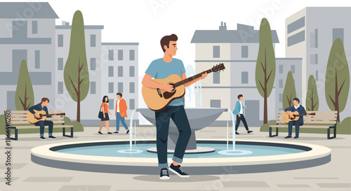 Man playing guitar in a city square near a fountain.