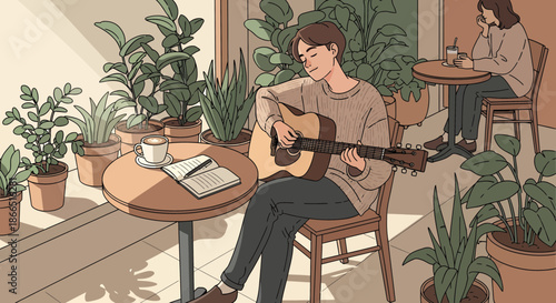 Man Playing Guitar in a Cozy Indoor Garden Setting.
