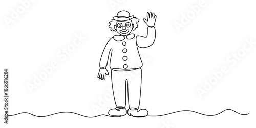 Continuous single line art drawing of a cheerful circus clown character smiling and waving Vector, illustration