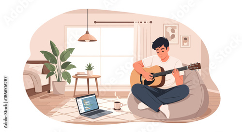 Man playing guitar in a cozy room focused and relaxed.