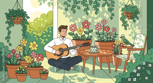 Man playing guitar surrounded by plants and flowers.