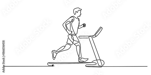 A continuous line drawing of a person running on a treadmill for health and fitness illustration. Vector, illustration