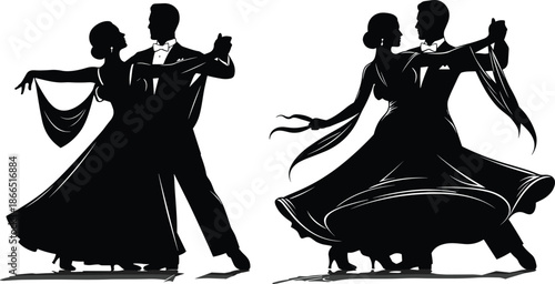 ballroom dance couple silhouettes, elegant waltz tango poses, romantic ballroom dancers collection, black wedding event illustration isolated background