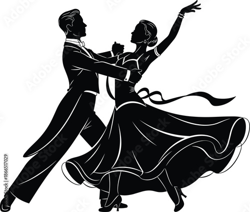 ballroom, dance, couple, silhouette, pose, gesture, dress, suit, black, white, icon, illustration, vector, design, symbol, elegance, motion, rhythm, style, coordination