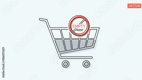 A vector graphic illustration of an empty shopping cart with a prohibition sign