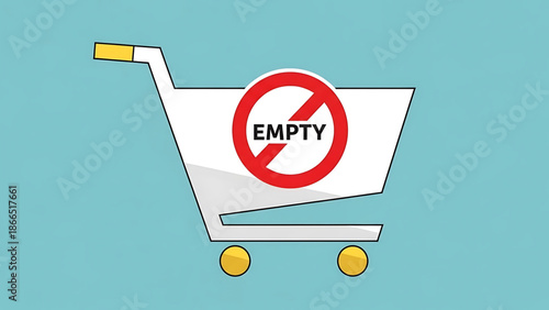 A vector graphic illustration of an empty shopping cart with a prohibition sign