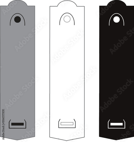 Vector illustration of a set of black and white tags featuring a metal electric switch box and a blank power button icon for a business office door frame