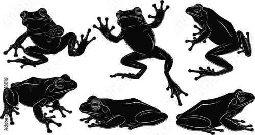 Black frog silhouettes collection, tree frog poses, amphibian vector illustration set, wildlife design elements, tropical animal silhouette bundle
