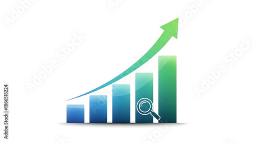 A vector graphic illustration of a growing bar chart with a magnifying glass and green arrow