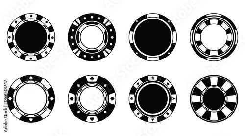 Isolated Poker Chips Icons Vector Set. Black Casino Poker Chip Symbols and Gamble Graphic Elements Collection. Traditional Betting Clip Art for Gambling, Poker Night and Casino Games