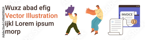 Business solutions, teamwork, financial management, invoicing, communication, goal achievement. People assembling pieces, invoice document screen interface. Business solutions and teamwork concept