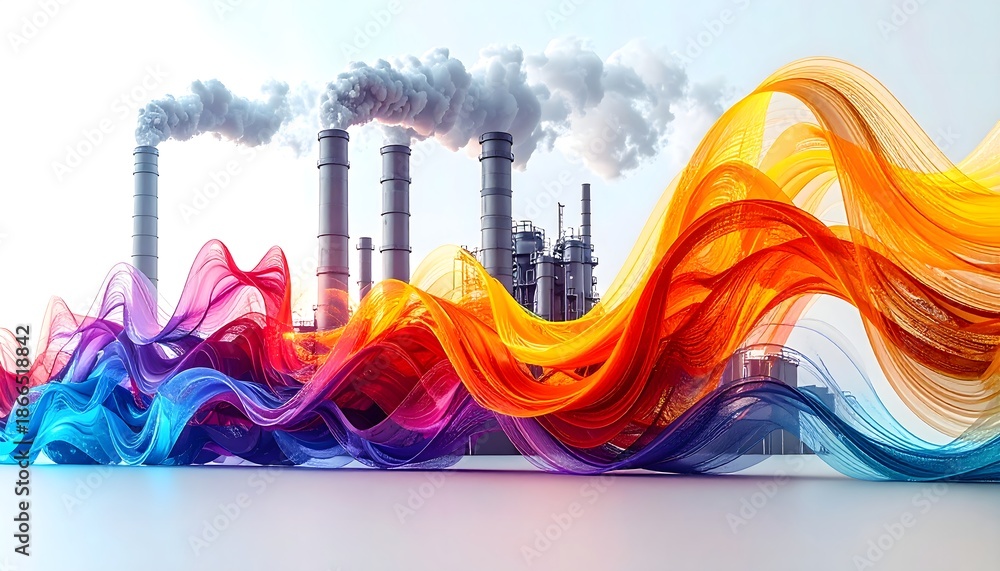 Fototapeta premium Modern pollution awareness design with colorful atmospheric waves surrounding industrial plants high resolution image