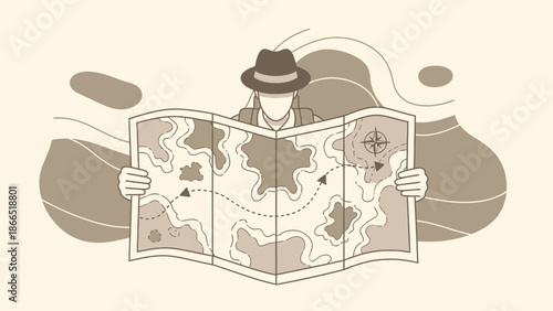 Adventurer Planning Journey With Old Treasure Map Illustration For Expedition