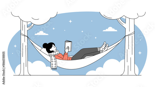 Girl Relaxing In Hammock And Reading A Book In Wintertime Season