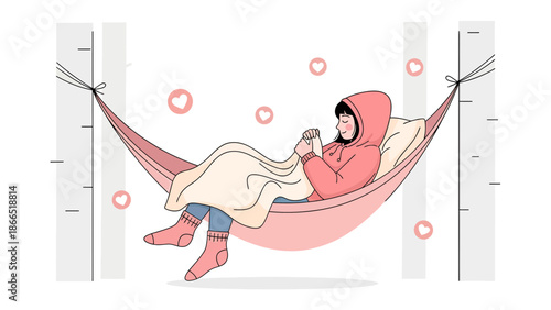 Girl Relaxing In Hammock Enjoying Comfort At Home Vector Illustration