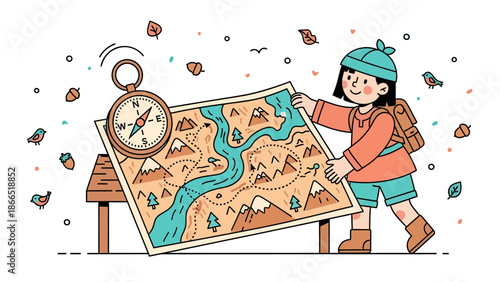 Girl Scout Adventure With Backpack Compass And Map Planning Hiking Trip
