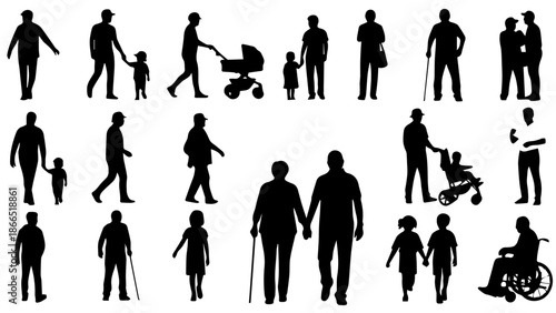 Various silhouettes of people engaged in different activities isolated on white background, Vector