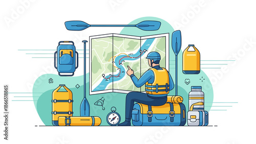 Adventurer Planning Rafting Trip Route Using Detailed Topographic Map