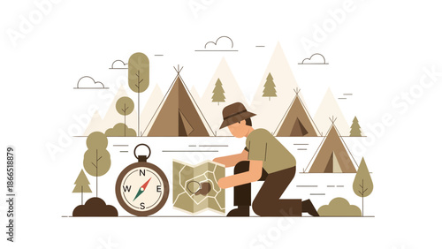 Adventurer Planning Trip With Map And Compass In The Forest Landscape Design