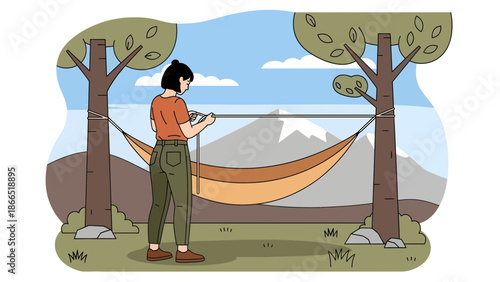 Girl Setting Up Hammock In A Scenic Mountain Landscape For Restful Day