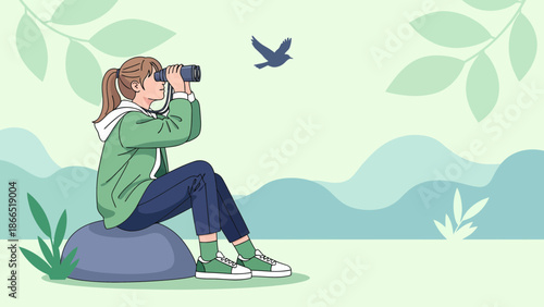 Girl Watching A Bird Flying With Binoculars Sitting On A Rock Outdoor