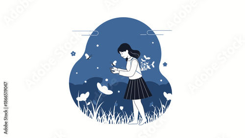 Girl With Butterfly In A Dreamy Field With Flowers And Stars Illustration