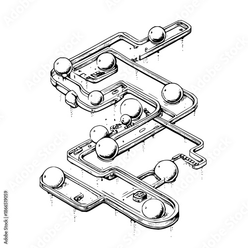 Mechanical 3D Model of Interconnected Metal Parts with Spheres