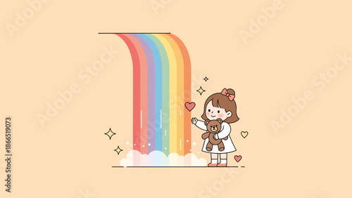 Girl With Teddy Bear Reaching Rainbows Cartoon Illustration For Fashion Graphics