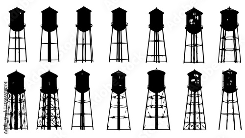 Collection of water towers isolated on white background, Vector