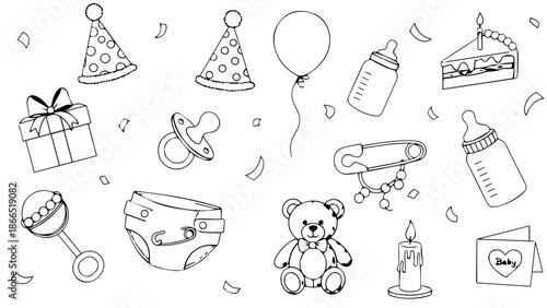 Celebration items for a baby shower isolated on white background, Vector