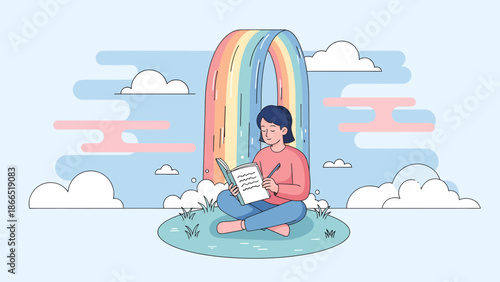 Girl Writing Under Rainbow Waterfall Peaceful Study Relaxation Illustration